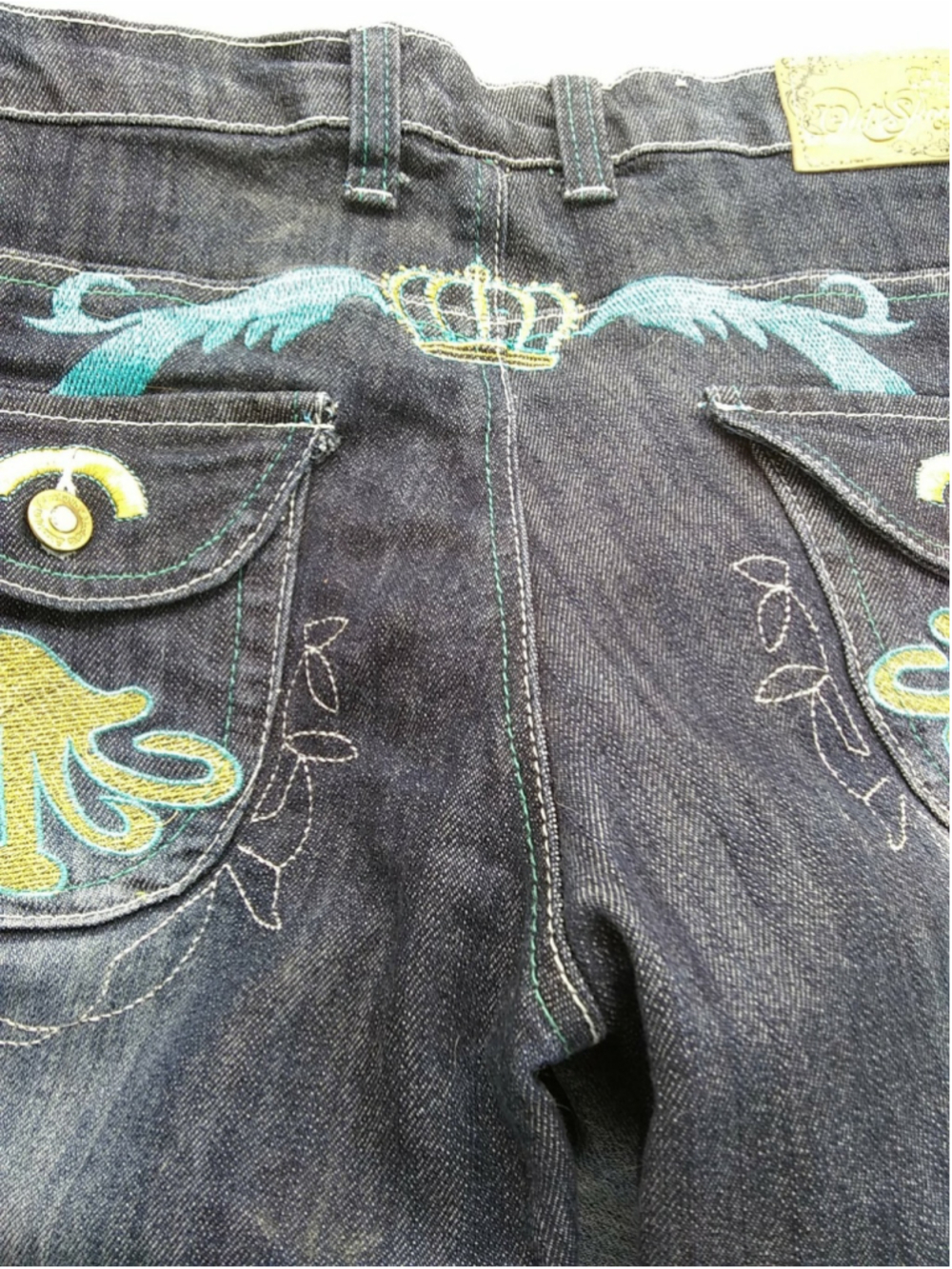 OLD SKOOL Womens Juniors Denim Jeans SIZE 15 Embellished Teal & Gray Stitching - Picture 2 of 12